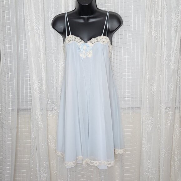 Vintage Mid Century 50's 60's Baby Blue Chemises Slip Dress W/ Lace Trim SzM - Picture 1 of 6